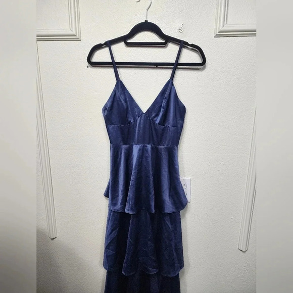 Lulus Going with Elegance Navy Blue Satin Tiered Gown Wedding Party Guest Formal - Picture 7 of 11